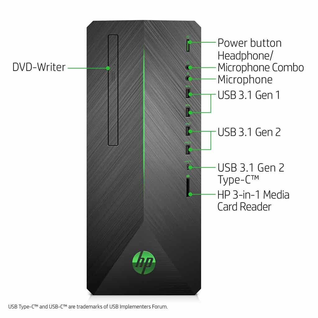 Image show the ports at the front deck of the HP Pavilion 790-0020 desktop.