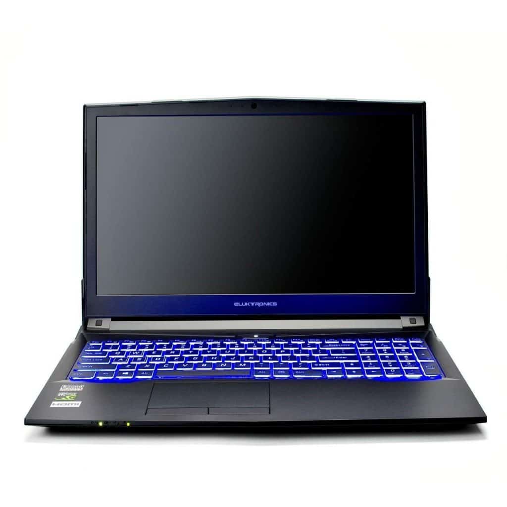 Image shows the Eluktronics N870HP6 Pro-X laptop display and keyboard