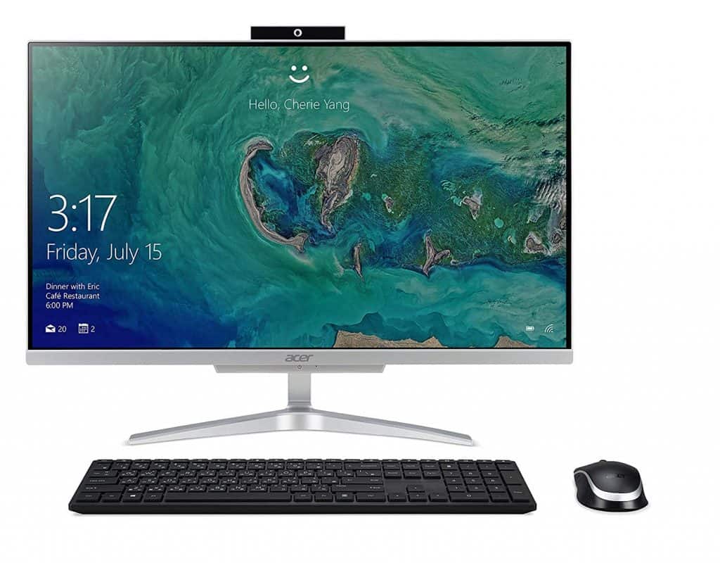 THe Acer Aspire C24-865-UA91 AIO Desktop front, bezel, display and complimentay keyboard and mouse